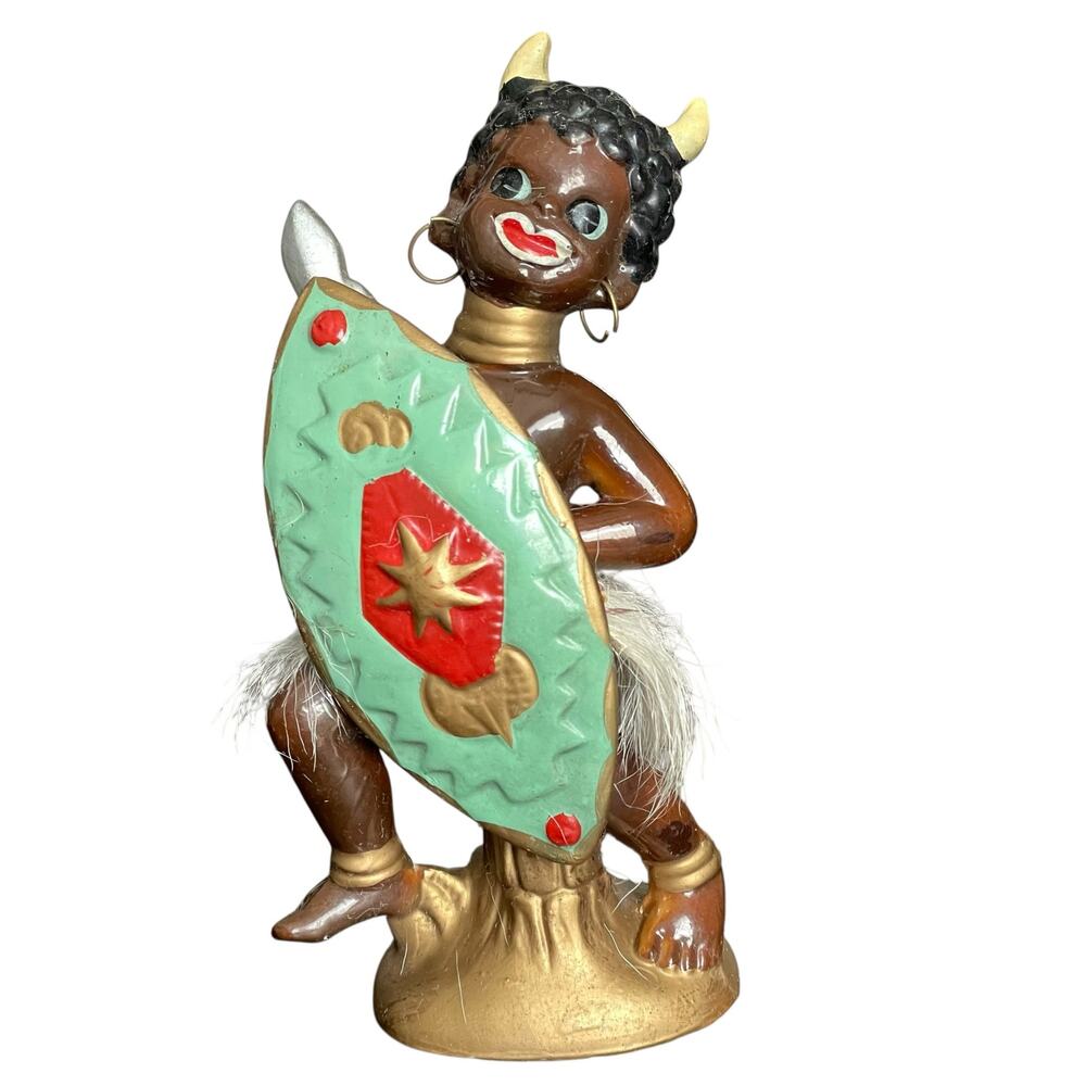 Vintage African Tribal Dancer with Shield Figurine Ceramic Mid Century Japan